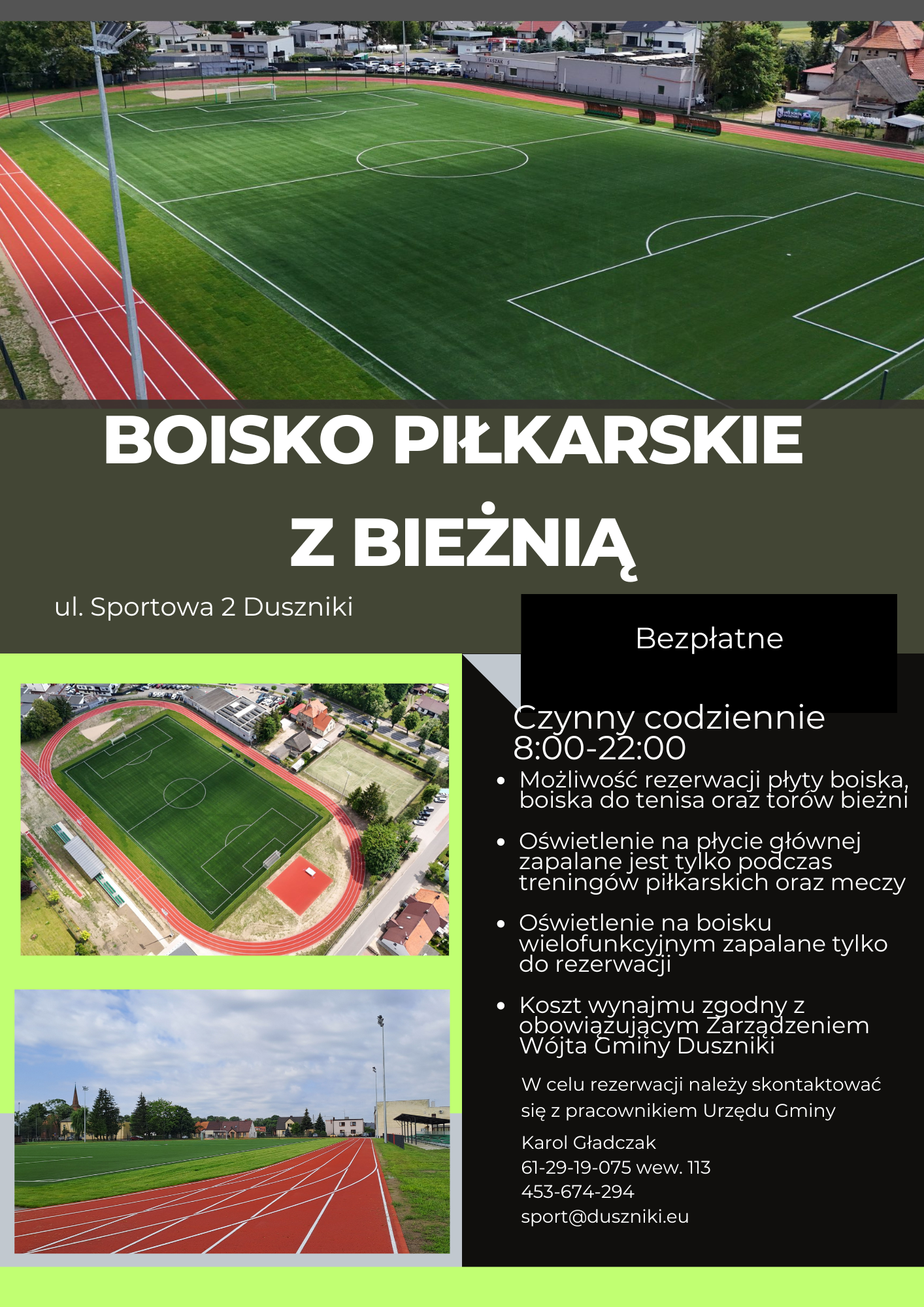 Grafika informacyjna boiska piłkarskiego z bieżnią w Dusznikach